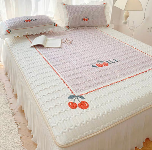 Ice silk latex mat three-piece bed skirt summer washable machine washable air-conditioning soft mat with lace bed cover