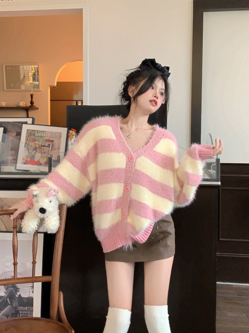 Kumikumi retro striped sweater loose V-neck soft waxy sweater cardigan jacket women's winter lazy top