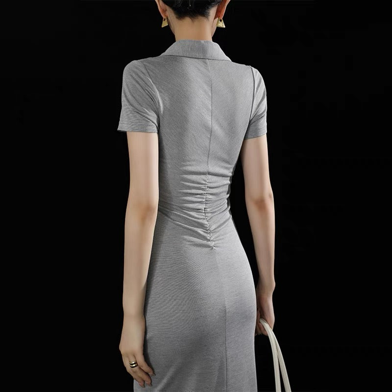 WANGXO gray Polo collar dress women's summer 2022 new pleated waist waist thin slit mid-length skirt