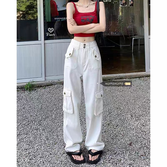 American retro jeans women's summer hot girl straight overalls high-waisted slim mopping pants loose wide-leg pants 9389