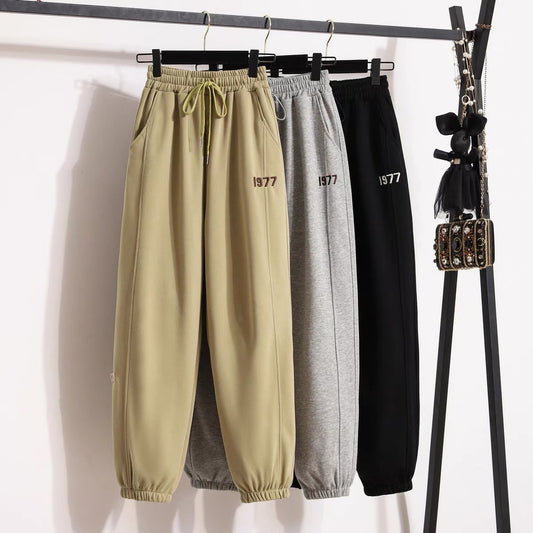 Grey plus velvet casual pants elastic waist autumn and winter 2022 Korean version embroidered small man is thin and loose leggings sports pants