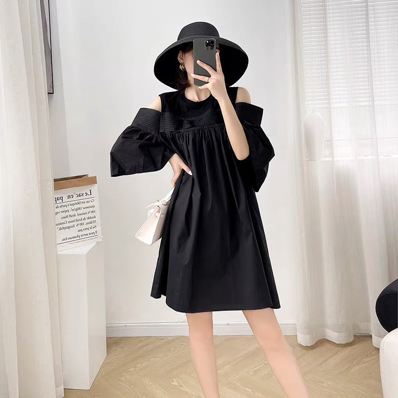 2022 new women's summer solid color fashion design sense mid-length dress women's loose and thin drop-shoulder little black dress