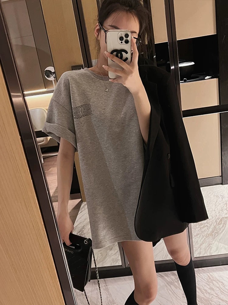 IN MIMIFACE grey letter print short-sleeved T-shirt women's spring and summer thin loose oversize top