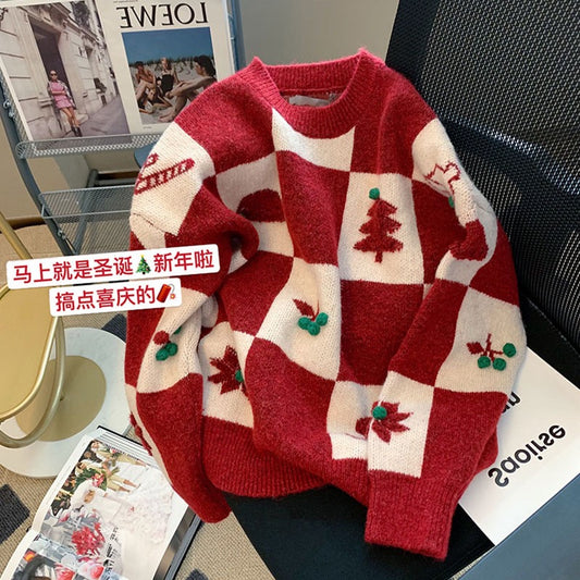 Retro Japanese Christmas Red Plaid Sweater Women's Autumn and Winter Loose Lazy Wind Soft Waxy Thick Pullover Knitwear