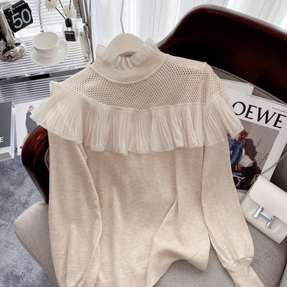 2022 autumn and winter new hollow-out ruffled half-high collar sweater niche chic outer wear inner sweater top women