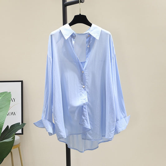 Blue Drape Tencel Cotton Shirt Female 2023 Spring Dress Korean Version Loose Casual Thin Shirt Long Sleeve Sunscreen Top