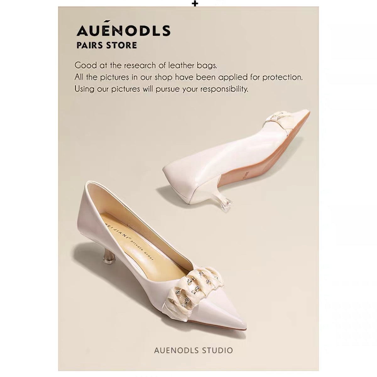 AUENODLS leather nude white lace rhinestone pointed high-heeled shoes women's French bridesmaid medium stiletto wedding shoes women