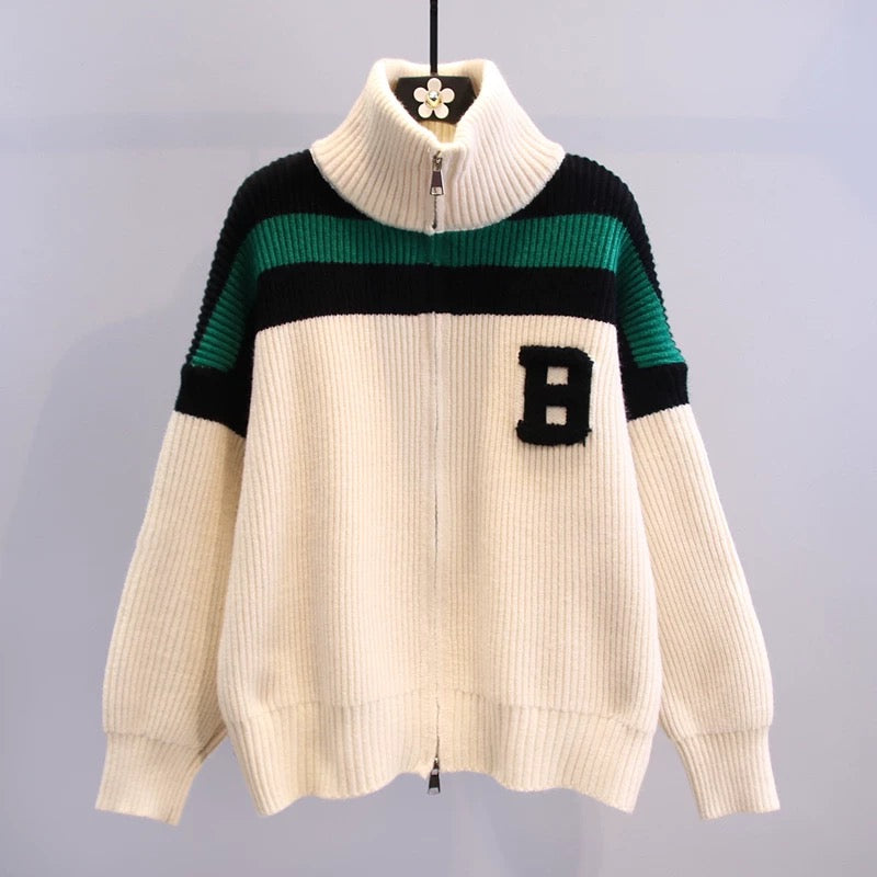 Contrast color striped zipper sweater jacket women's winter 2022 new Japanese style lazy style loose outer wear knitted cardigan