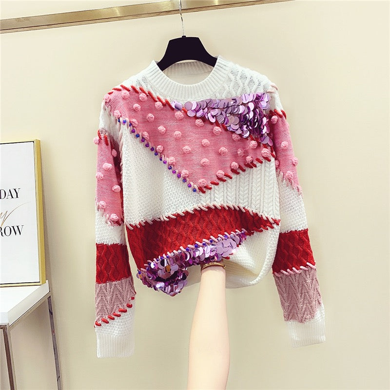 2021 autumn and winter new beaded sequined sweater women's fur ball geometric pattern color matching pullover sweater women's top trend