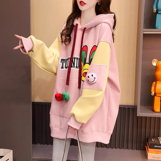 Fleece and thickened hooded sweater women's 2022 new autumn and winter hot style fashion western style age-reducing loose design coat