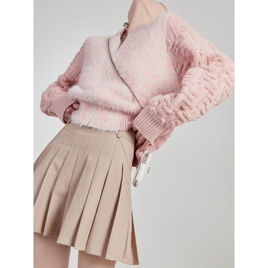 LLL LAB/Pink Sweater French Small Fragrance Stand Collar Zipper Soft Waxy Short Section Female Gentle Versailles Top