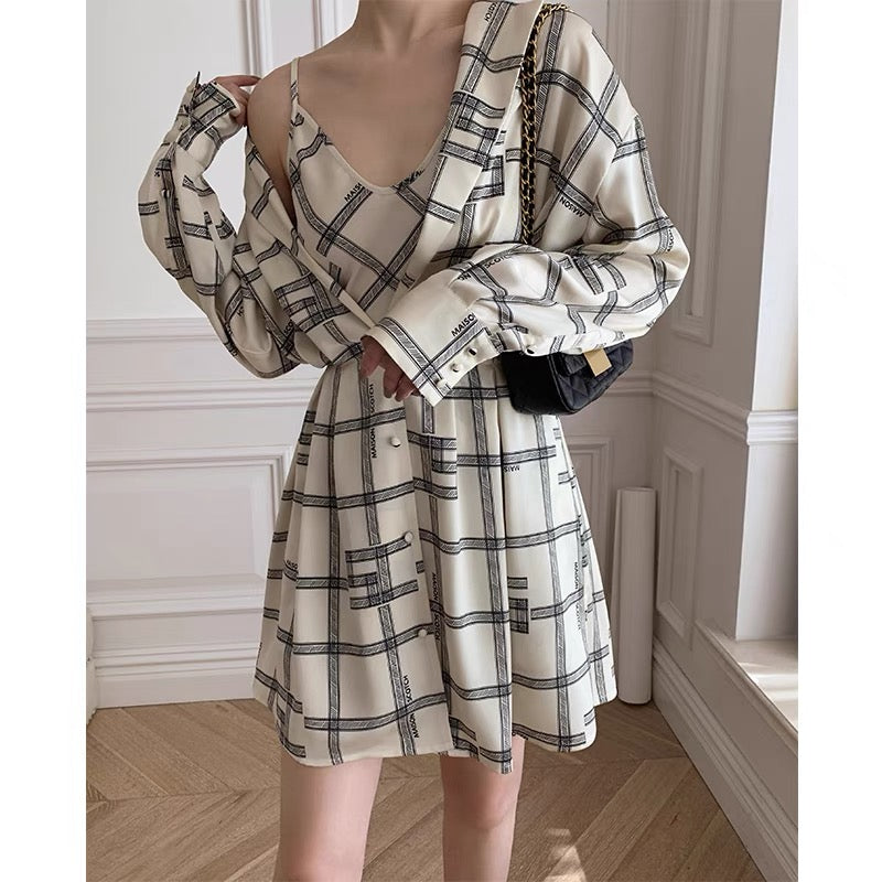 mona original summer shirt skirt buttoned bat sleeves design sense staggered print fake two-piece dress female