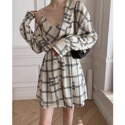 mona original summer shirt skirt buttoned bat sleeves design sense staggered print fake two-piece dress female