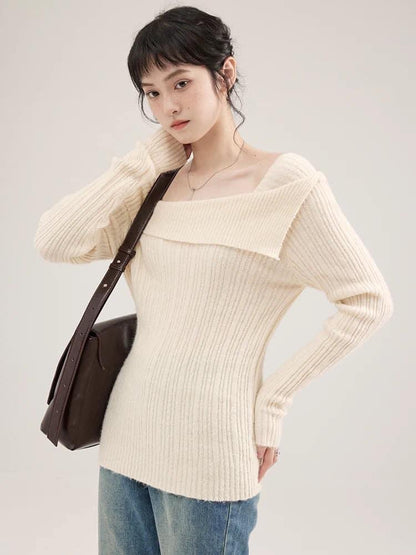 AMUU design sense lapel irregular one-shoulder sweater all-match slimming women's knitted sweater outerwear bottoming top women