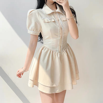 Amyway French girly polo collar waistband slim cake skirt niche milk sweet apricot waist dress summer