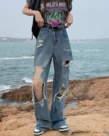 kumikumi retro beggar hole pants straight wide-leg pants women's summer blue jeans loose mopping pants 2829