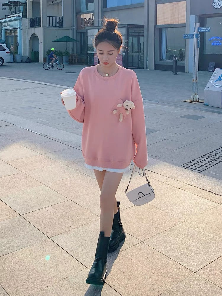 ins Western style age-reducing cute bear pink sweater women's 2022 spring and autumn new lazy style Korean style student top