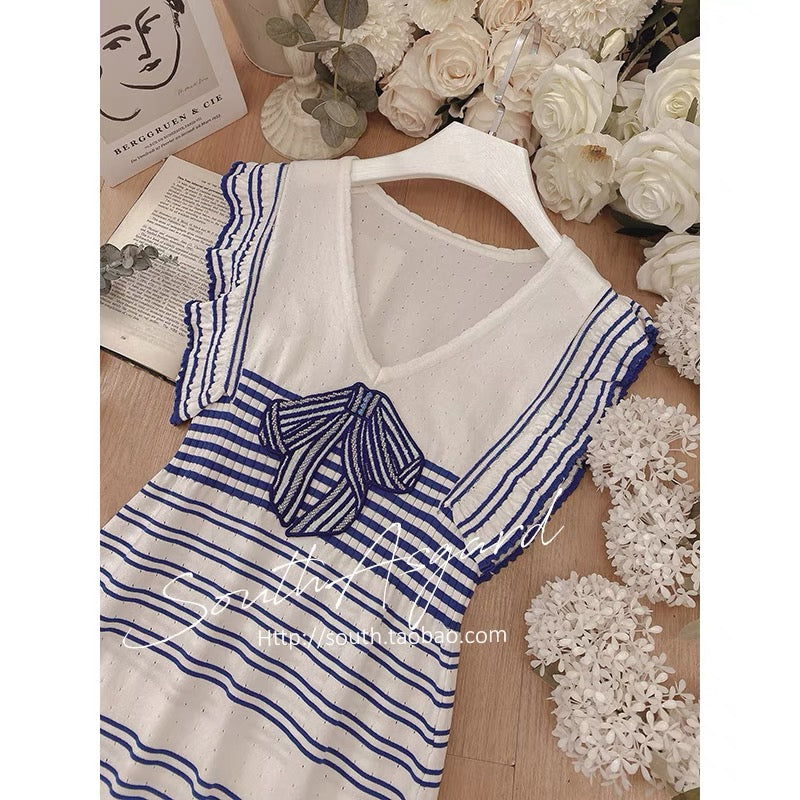 Southern Asgard Sleeveless Dress Female Summer Blue Striped College Wind Bow Sweet Skirt Korean Style