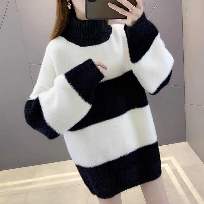 Autumn and winter women's turtleneck mink fleece sweater women's 2022 new loose mid-length lazy wind bottoming shirt women's thickening