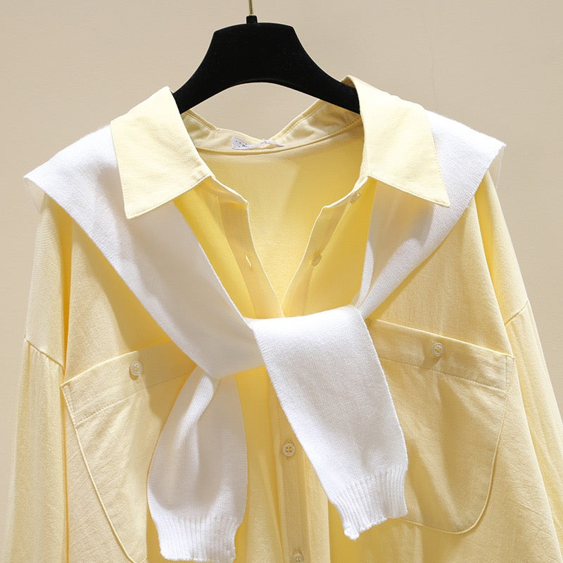 Two-piece shawl white shirt female 2023 spring new fashion loose yellow shirt casual design top