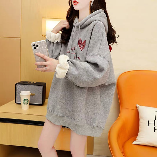 Plus velvet thickened hooded sweater jacket women's autumn and winter 2022 new foreign style age reduction loose lazy wind all-match tops