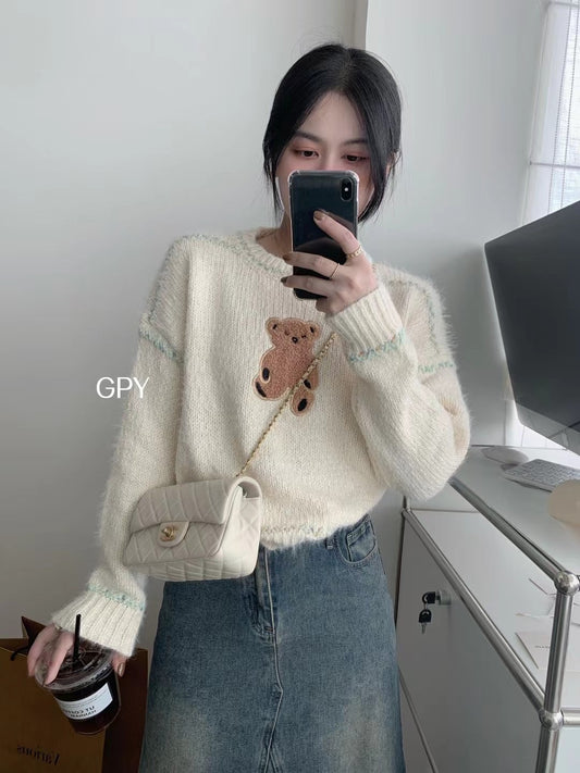 GPY autumn and winter 2022 new cute embroidered bear sweater mink fur soft round neck pullover sweater versatile