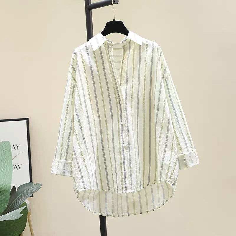 Green vertical striped long-sleeved shirt women's 2022 autumn new Korean style loose casual mid-length shirt top