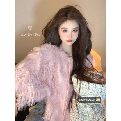 Kumikumi design sense heavy industry feather tassel knitted cardigan female autumn temperament loose round neck sweater jacket