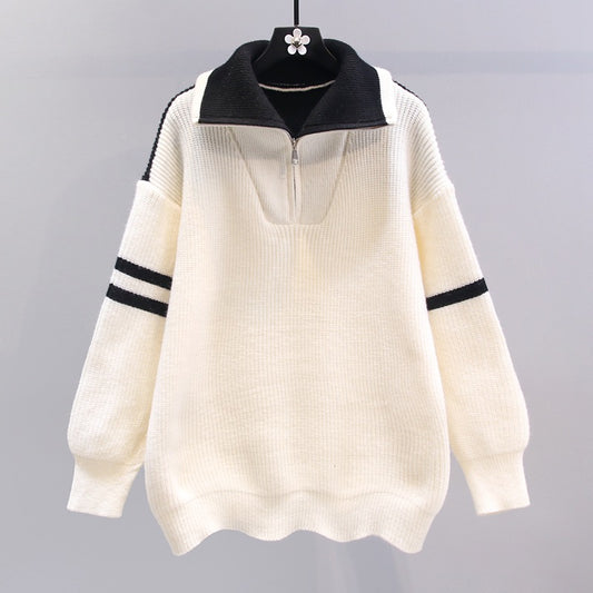 Contrasting color design sense half zipper sweater women's autumn and winter 2023 new loose lazy wind mid-length knitted sweater top